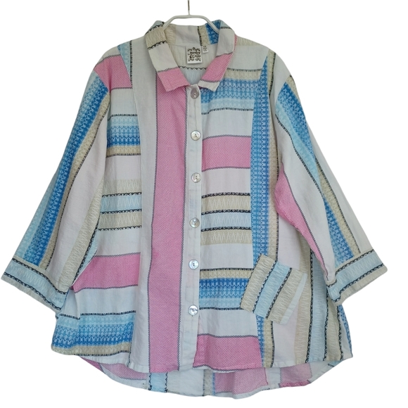 Parsley & Sage Blouse Contrast Stripe Print Linen Blend Blouse Womens 1X - Picture 1 of 12